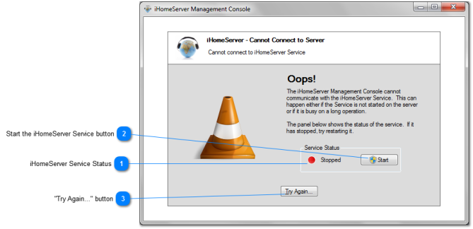 "Oops - Cannot connect to iHomeServer Service" error