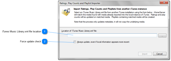 Ratings, Play Counts and Playlist Importer window