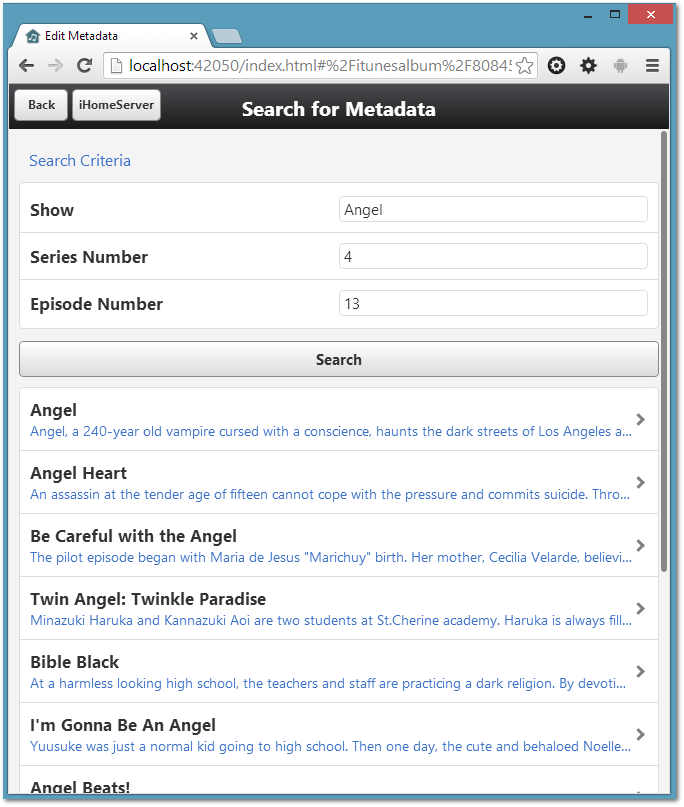 Search for Internet Metadata (TV) - iHomeServer Web Access