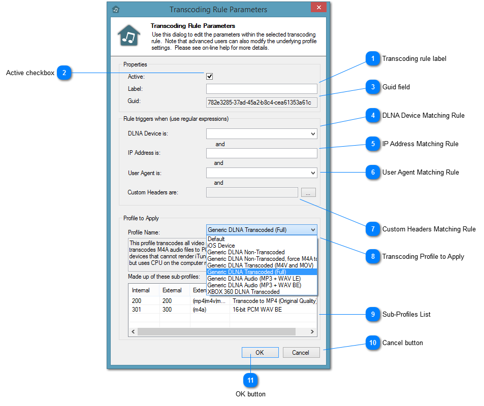 Transcoding Rule Parameters window